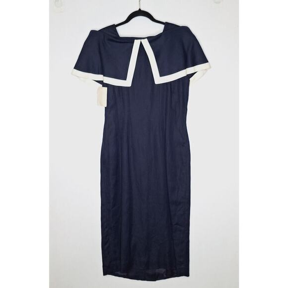 Vintage 90s Courtenay Linen Blend Off Shoulder Midi Shirt Dress M Navy Nautical - Picture 10 of 10